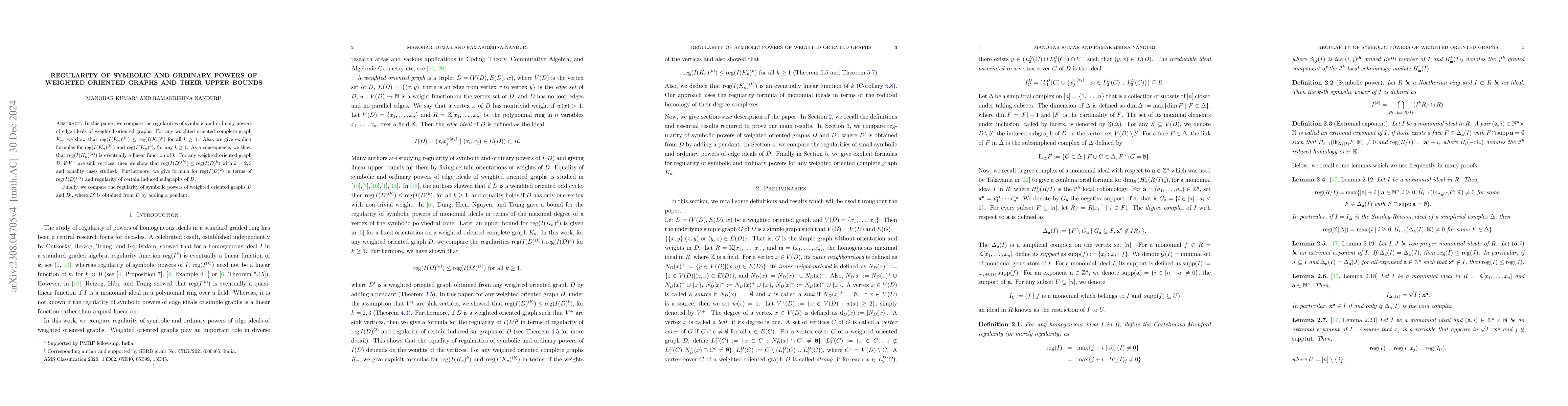 Thumbnail for Regularity of symbolic and ordinary powers of weighted oriented graphs
  and their upper bounds