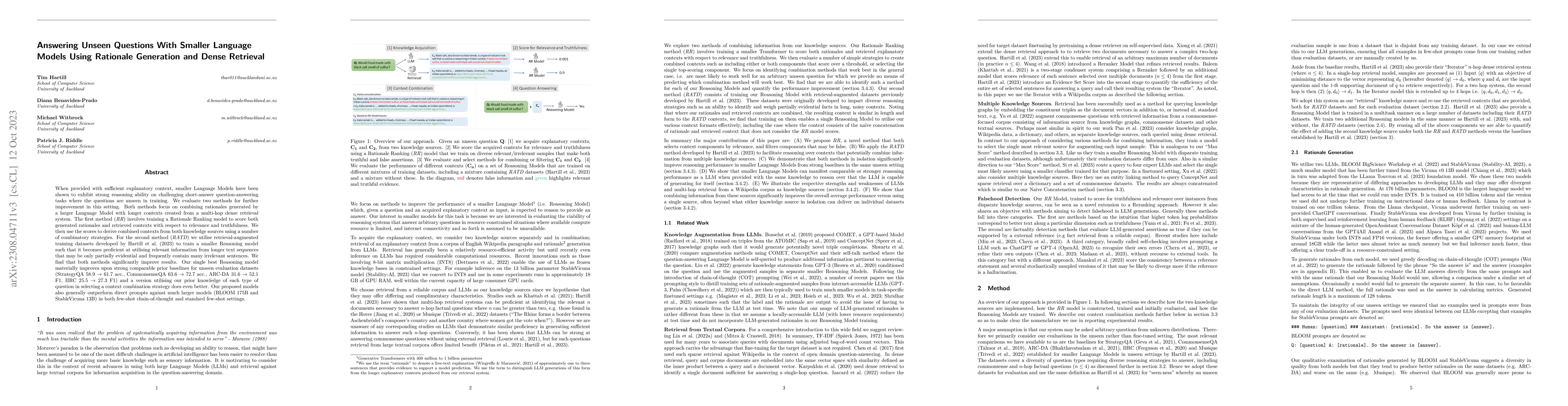 Thumbnail for Answering Unseen Questions With Smaller Language Models Using Rationale
  Generation and Dense Retrieval