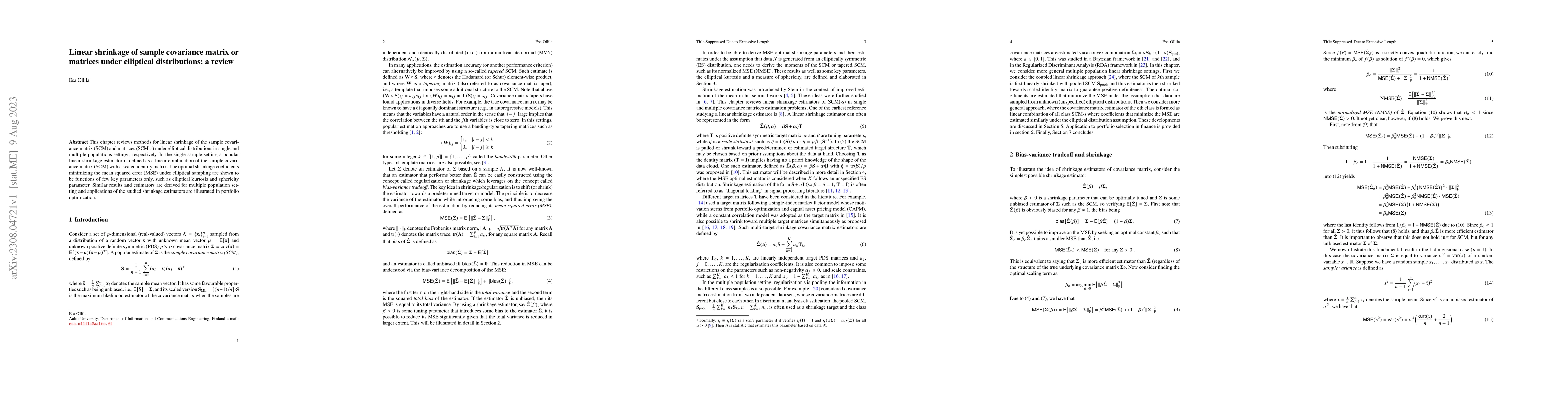 Thumbnail for Linear shrinkage of sample covariance matrix or matrices under
  elliptical distributions: a review