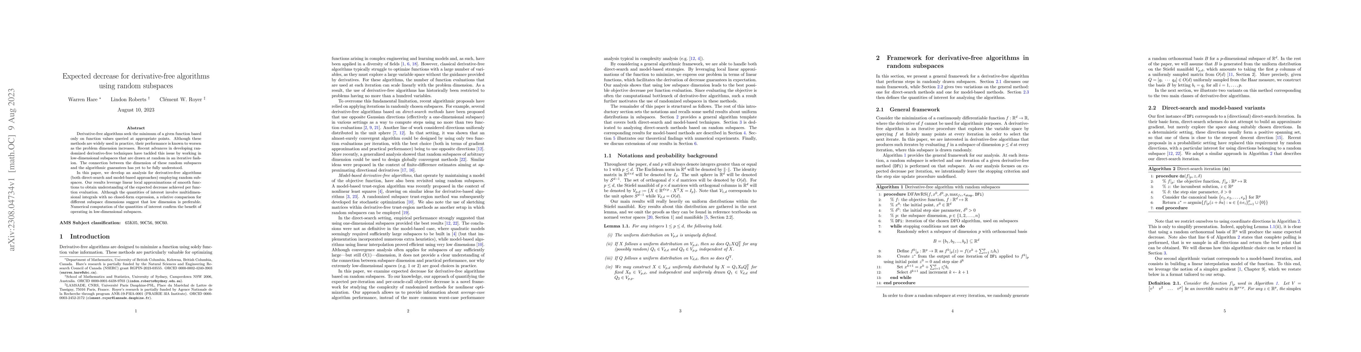 Thumbnail for Expected decrease for derivative-free algorithms using random subspaces