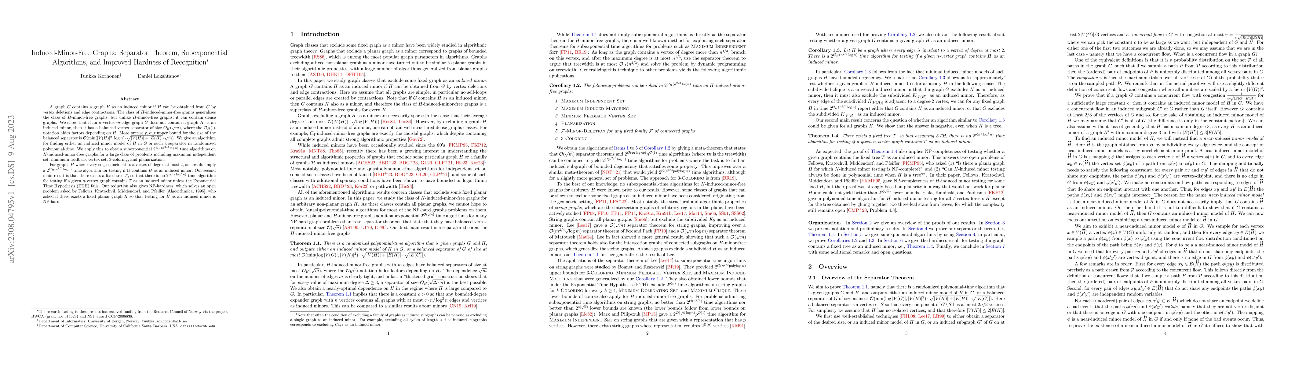 Thumbnail for Induced-Minor-Free Graphs: Separator Theorem, Subexponential Algorithms,
  and Improved Hardness of Recognition