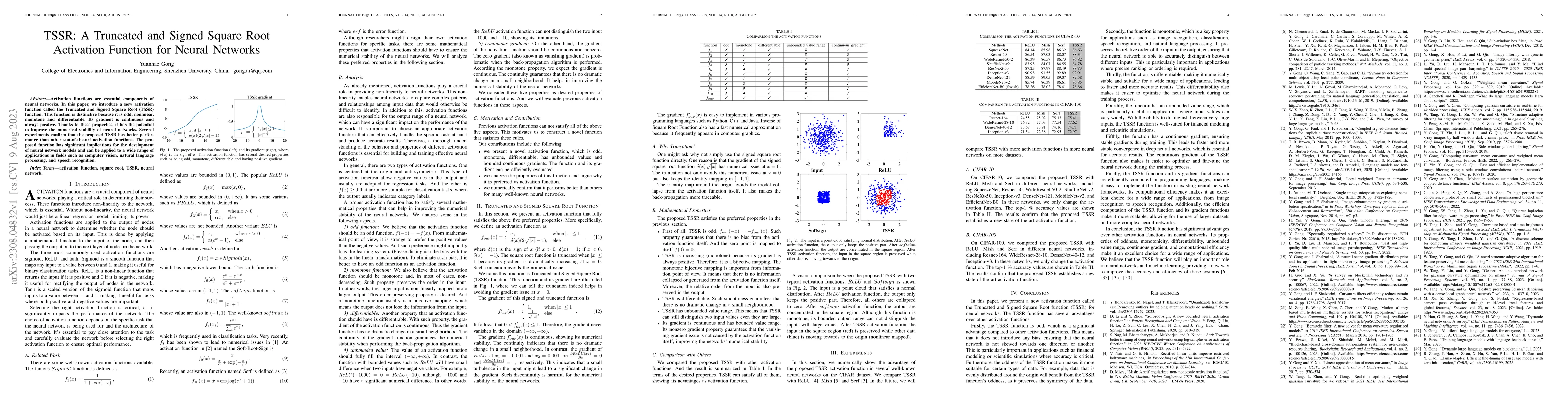 Thumbnail for TSSR: A Truncated and Signed Square Root Activation Function for Neural
  Networks