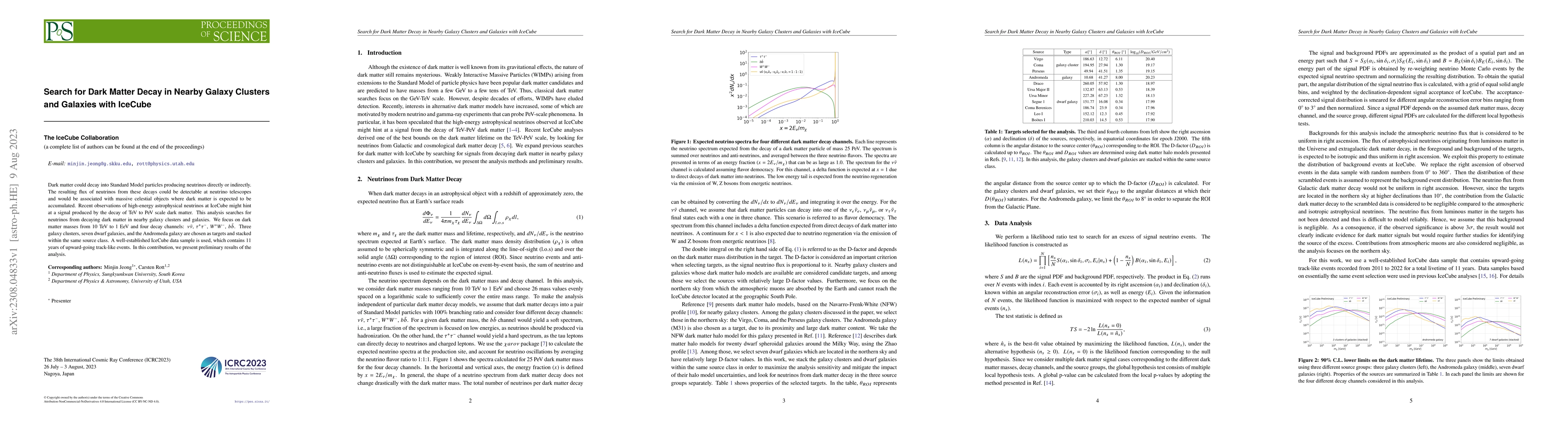 Thumbnail for Search for Dark Matter Decay in Nearby Galaxy Clusters and Galaxies with
  IceCube