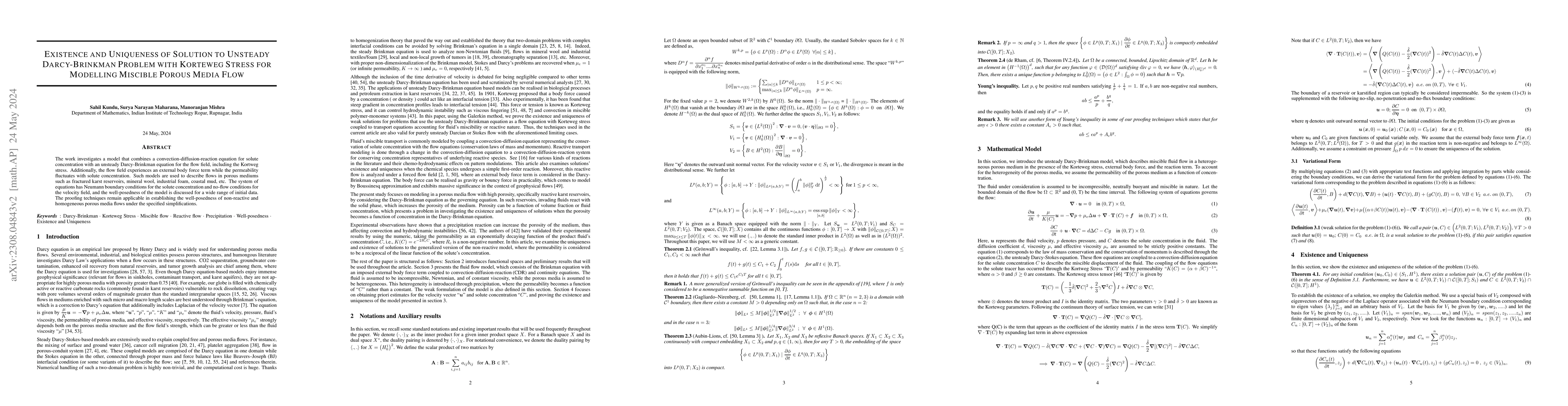 Thumbnail for Existence and Uniqueness of Solution to Unsteady Darcy-Brinkman Problem
  with Korteweg Stress for Modelling Miscible Porous Media Flow