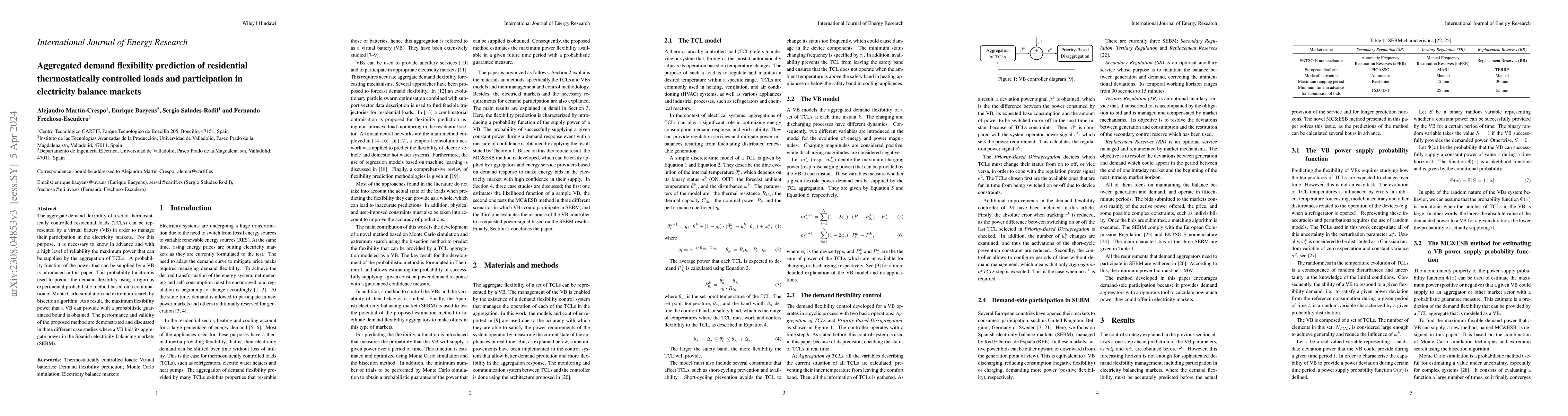 Thumbnail for Aggregated demand flexibility prediction of residential thermostatically
  controlled loads and participation in electricity balance markets