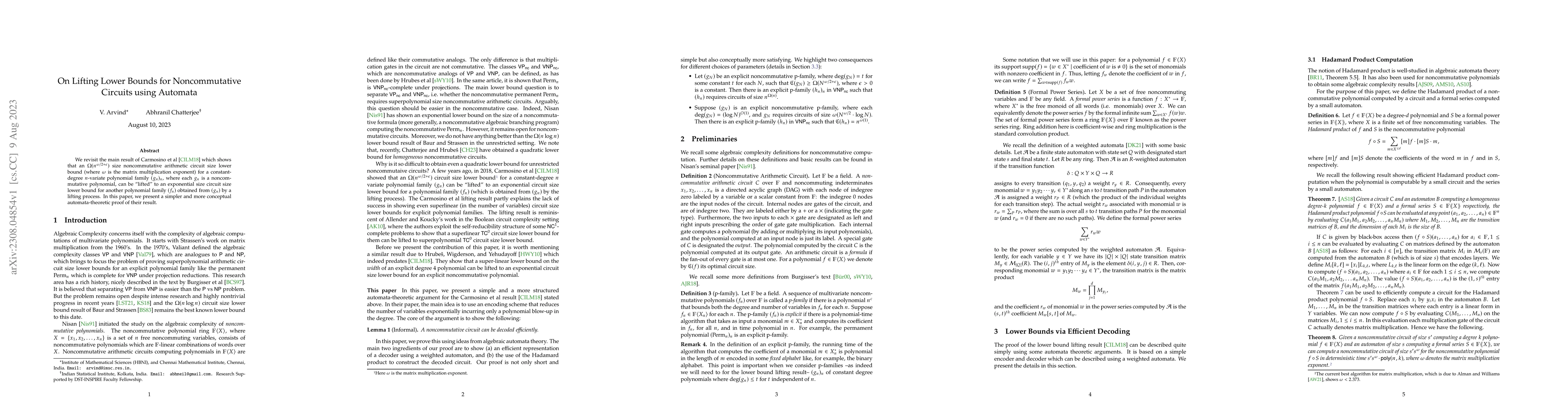 Thumbnail for On Lifting Lower Bounds for Noncommutative Circuits using Automata