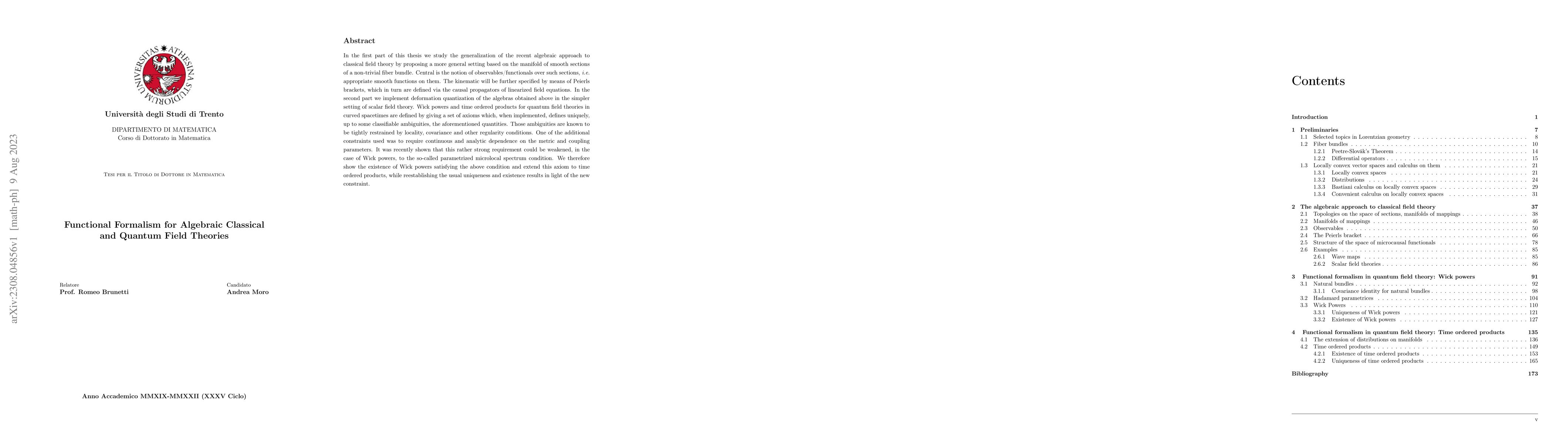 Thumbnail for Functional Formalism for Algebraic Classical and Quantum Field Theories