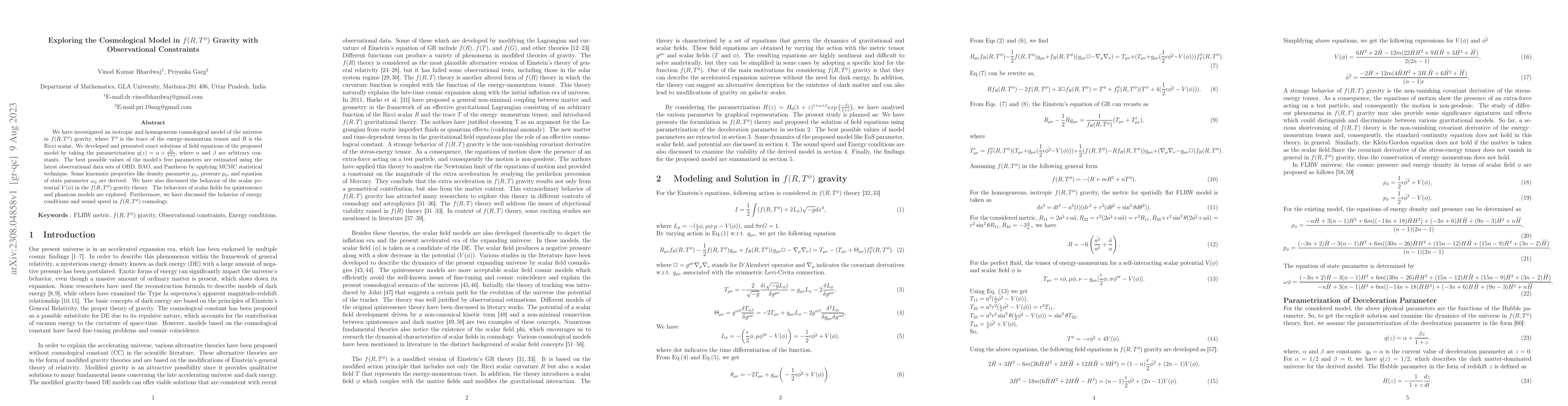 Thumbnail for Exploring the Cosmological Model in $f(R,T^\phi)$ Gravity with
  Observational Constraints