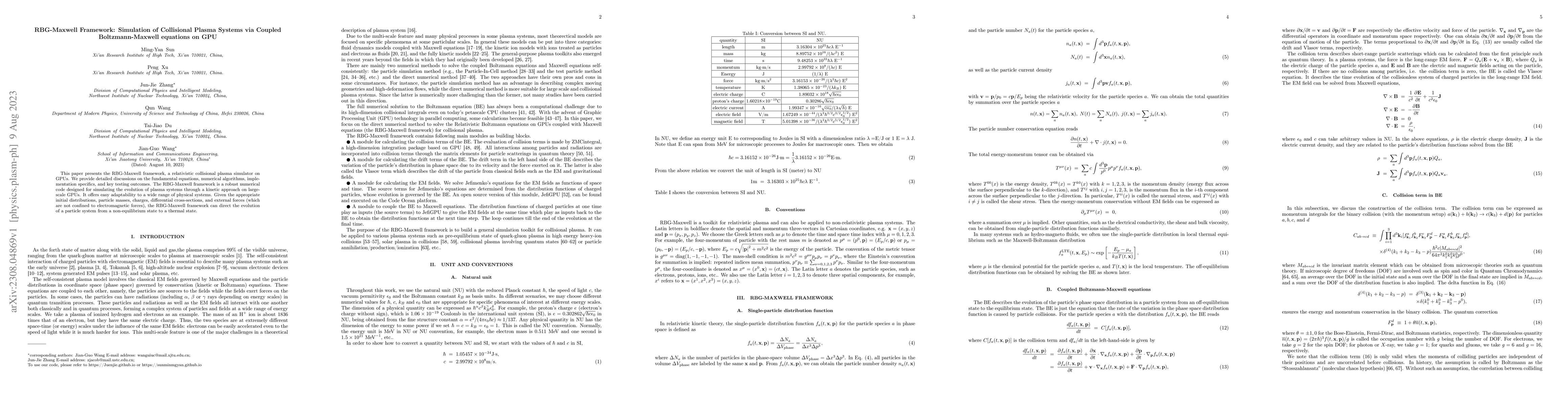 Thumbnail for RBG-Maxwell Framework: Simulation of Collisional Plasma Systems via
  Coupled Boltzmann-Maxwell equations on GPU