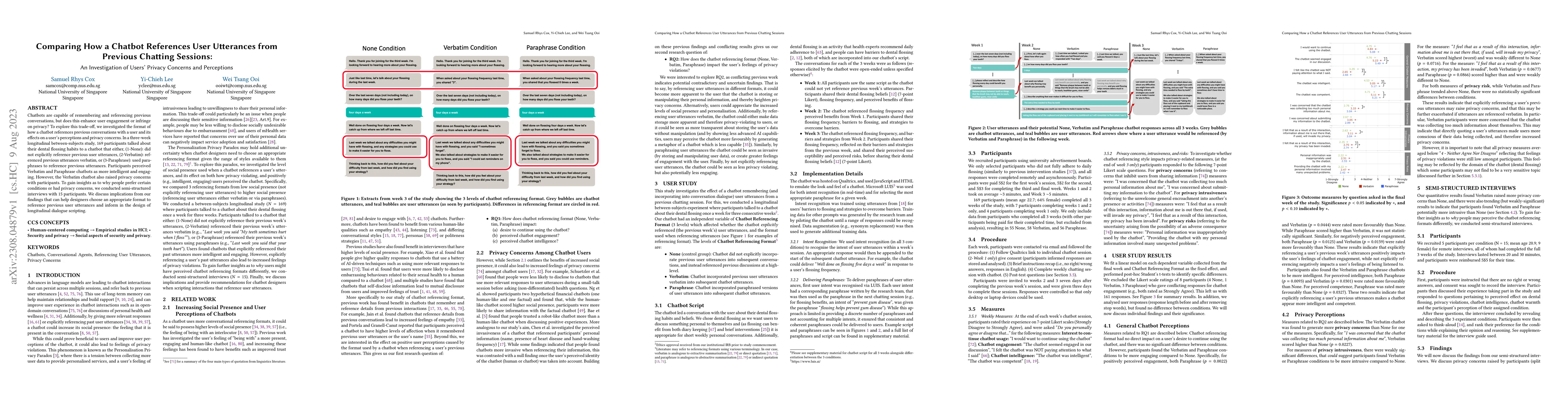 Thumbnail for Comparing How a Chatbot References User Utterances from Previous
  Chatting Sessions: An Investigation of Users' Privacy Concerns and
  Perceptions