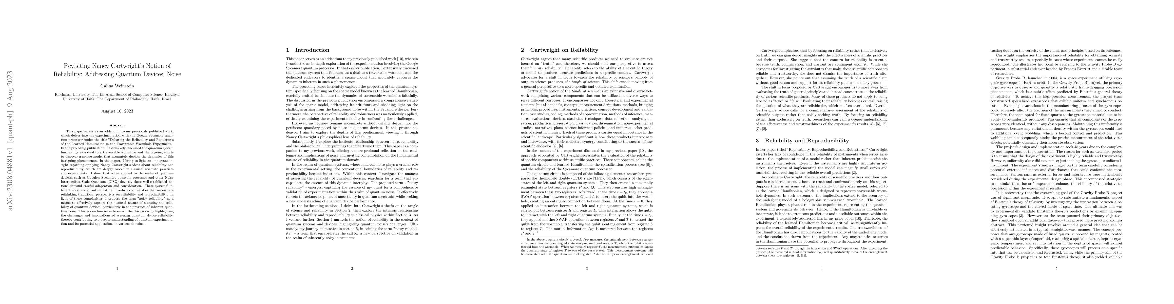 Thumbnail for Revisiting Nancy Cartwright's Notion of Reliability: Addressing Quantum
  Devices' Noise
