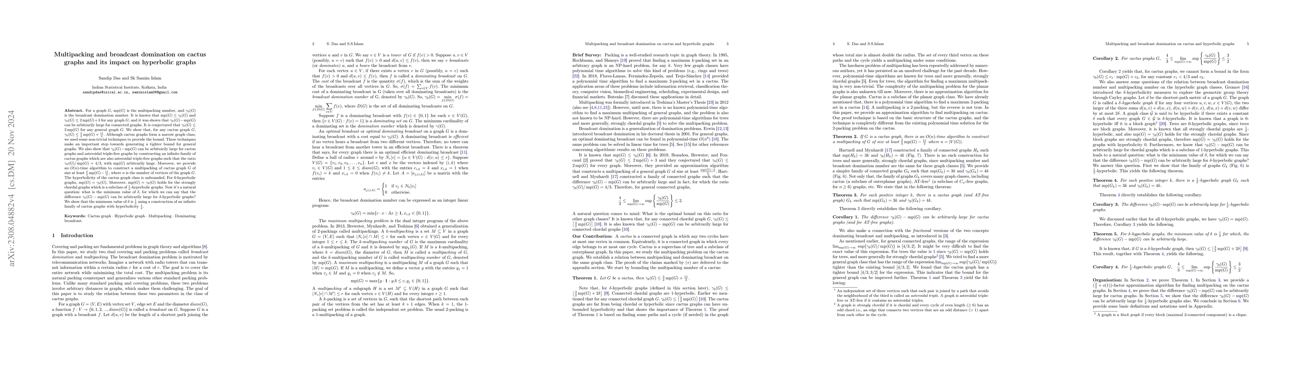 Thumbnail for Multipacking and broadcast domination on cactus graph and its impact on
  hyperbolic graph