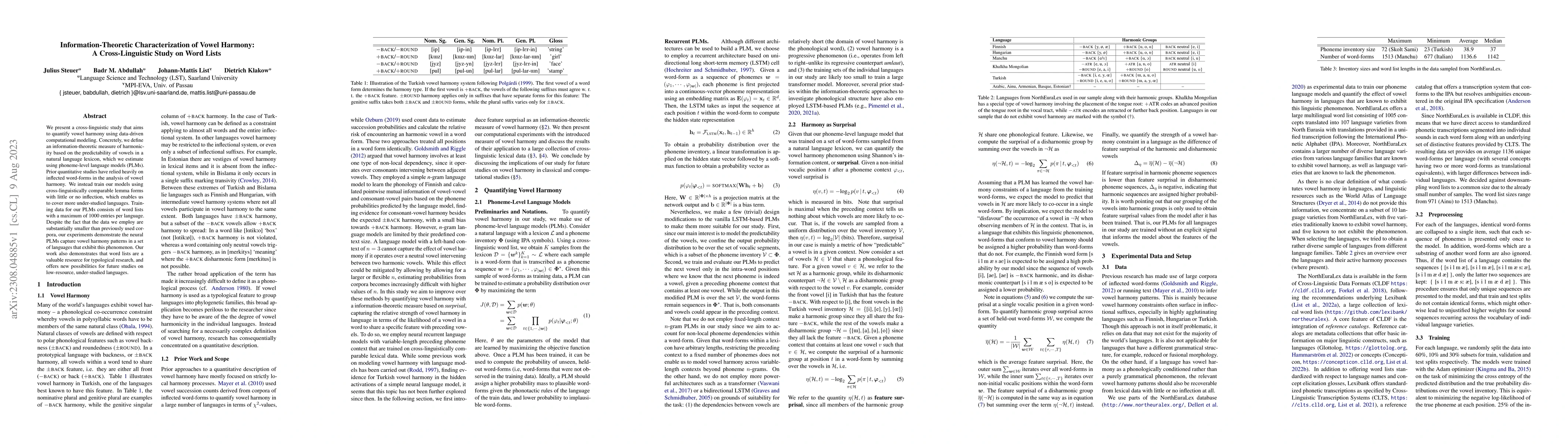 Thumbnail for Information-Theoretic Characterization of Vowel Harmony: A
  Cross-Linguistic Study on Word Lists