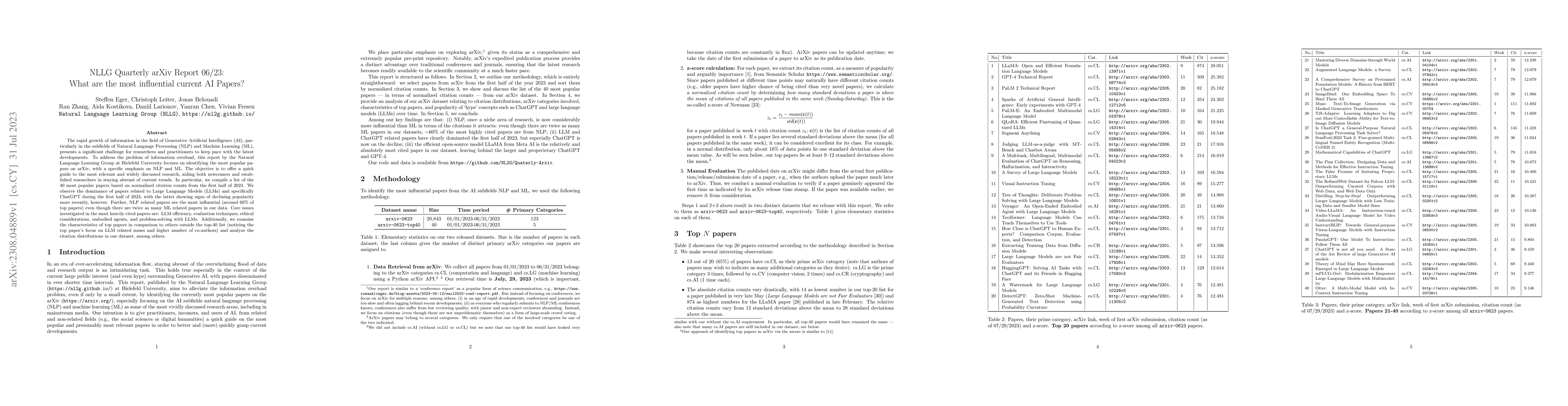 Thumbnail for NLLG Quarterly arXiv Report 06/23: What are the most influential current
  AI Papers?