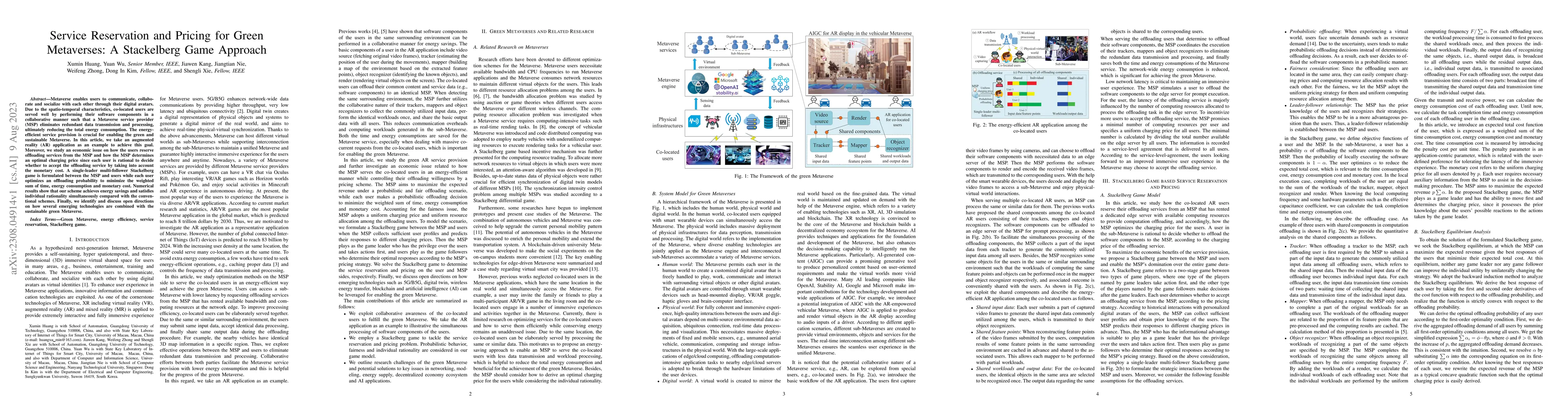 Thumbnail for Service Reservation and Pricing for Green Metaverses: A Stackelberg Game
  Approach
