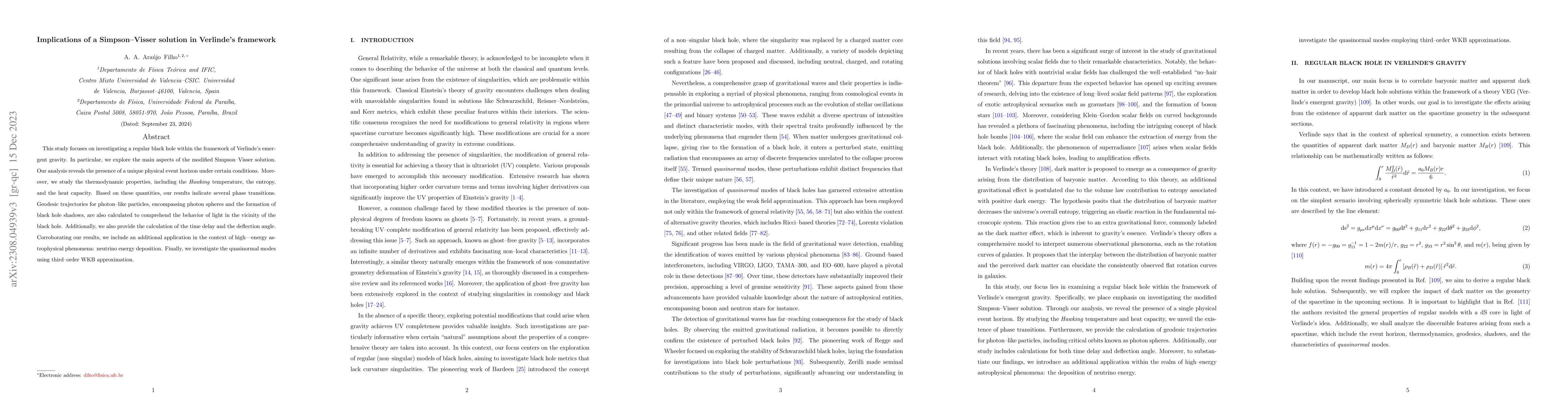 Thumbnail for Implications of a Simpson-Visser solution in Verlinde's framework