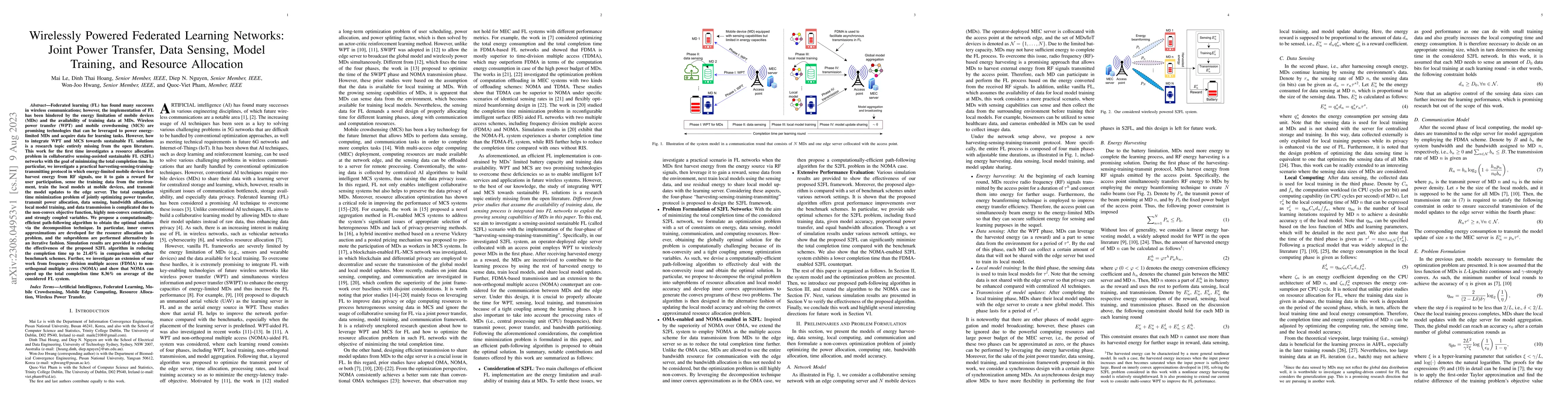 Thumbnail for Wirelessly Powered Federated Learning Networks: Joint Power Transfer,
  Data Sensing, Model Training, and Resource Allocation