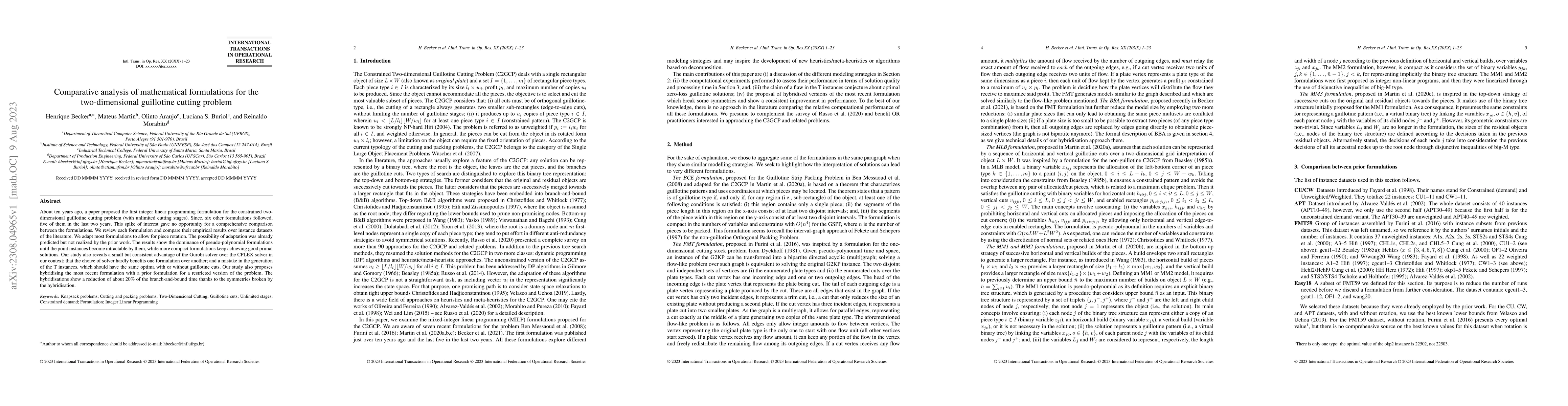 Thumbnail for Comparative analysis of mathematical formulations for the
  two-dimensional guillotine cutting problem