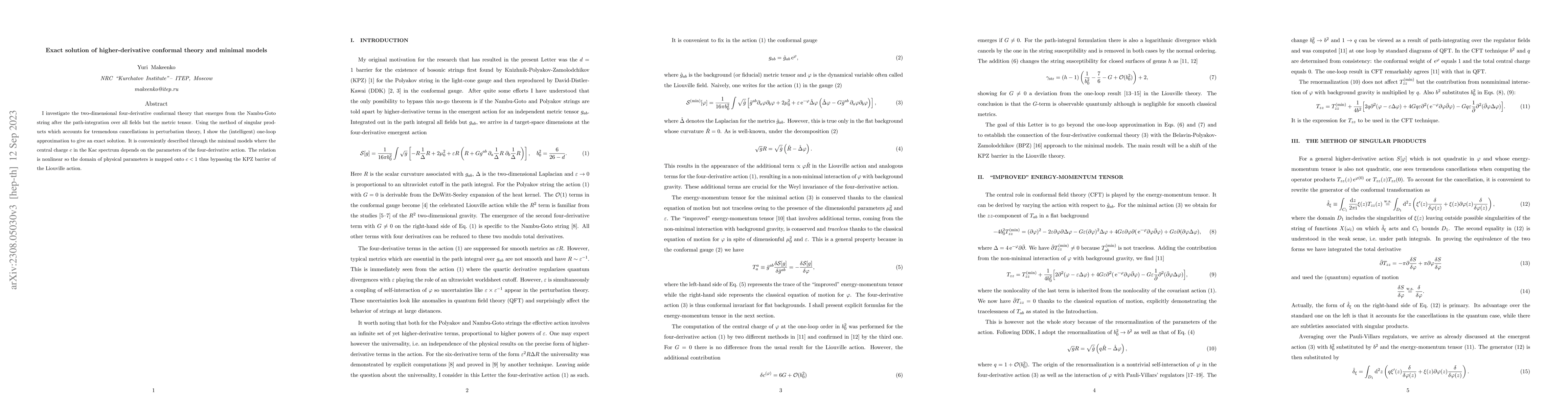 Thumbnail for Exact solution of higher-derivative conformal theory and minimal models