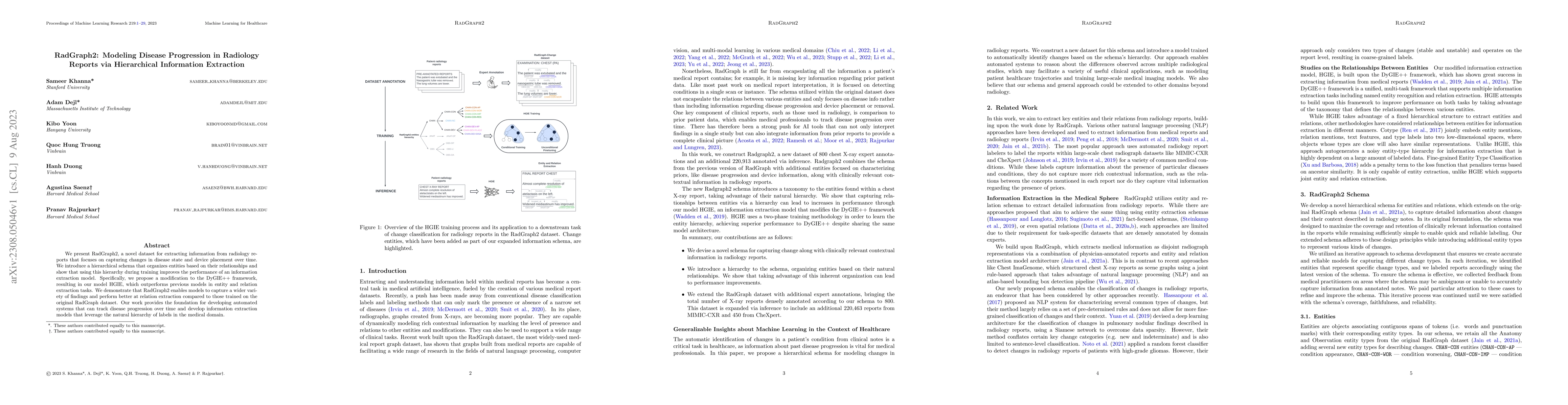Thumbnail for RadGraph2: Modeling Disease Progression in Radiology Reports via
  Hierarchical Information Extraction