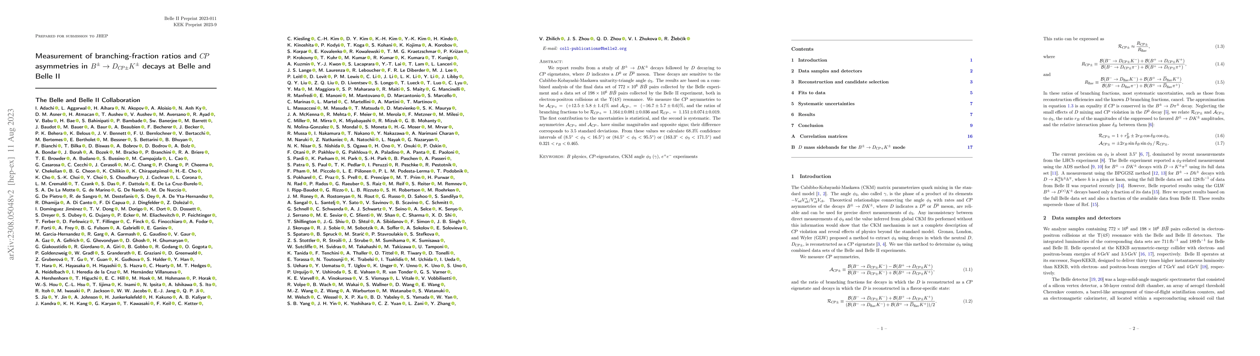 Thumbnail for Measurement of branching-fraction ratios and $CP$ asymmetries in
  $B^{\pm} \to D_{CP\pm}K^{\pm}$ decays at Belle and Belle II