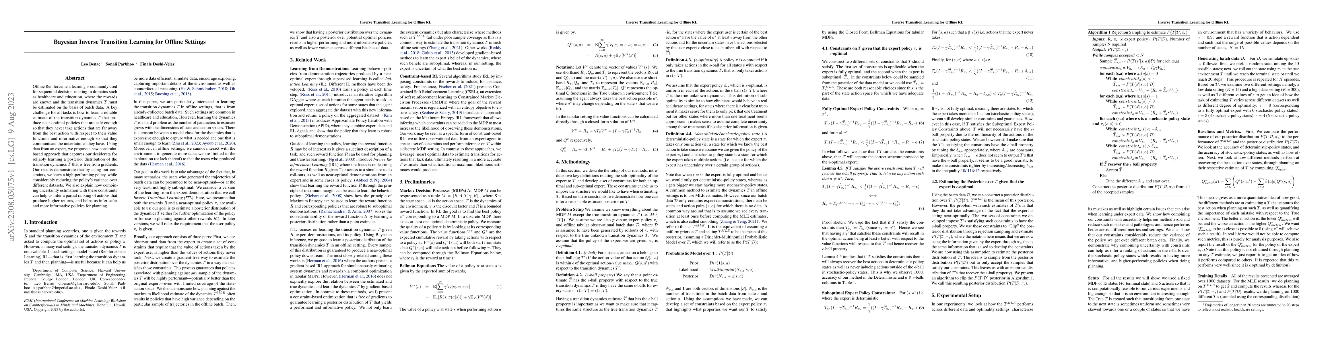 Thumbnail for Bayesian Inverse Transition Learning for Offline Settings