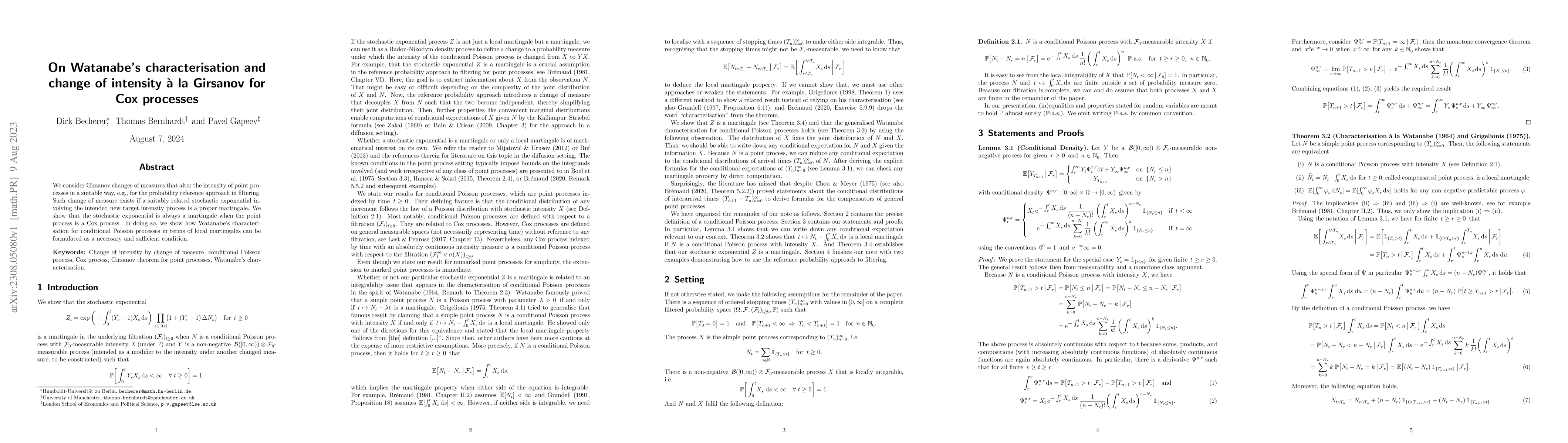 Thumbnail for On Watanabe's characterisation and change of intensity \`{a} la Girsanov
  for Cox processes