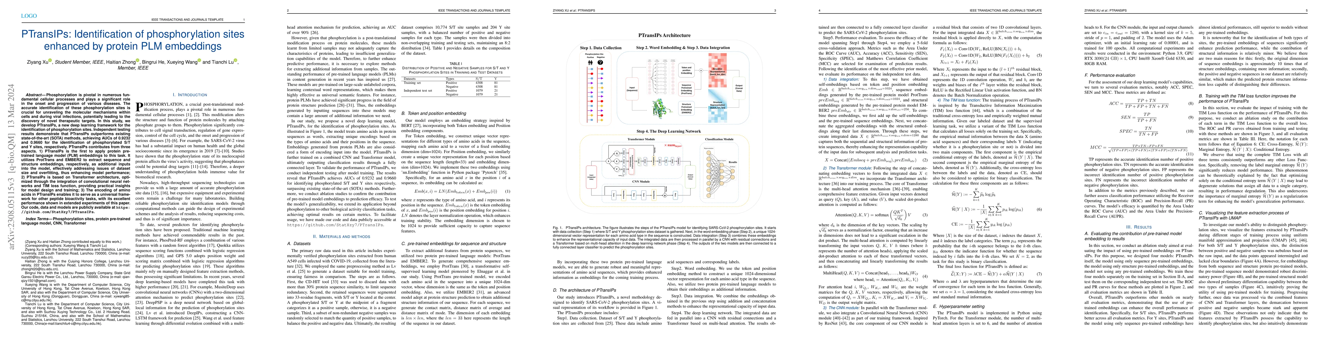 Thumbnail for PTransIPs: Identification of phosphorylation sites enhanced by protein
  PLM embeddings