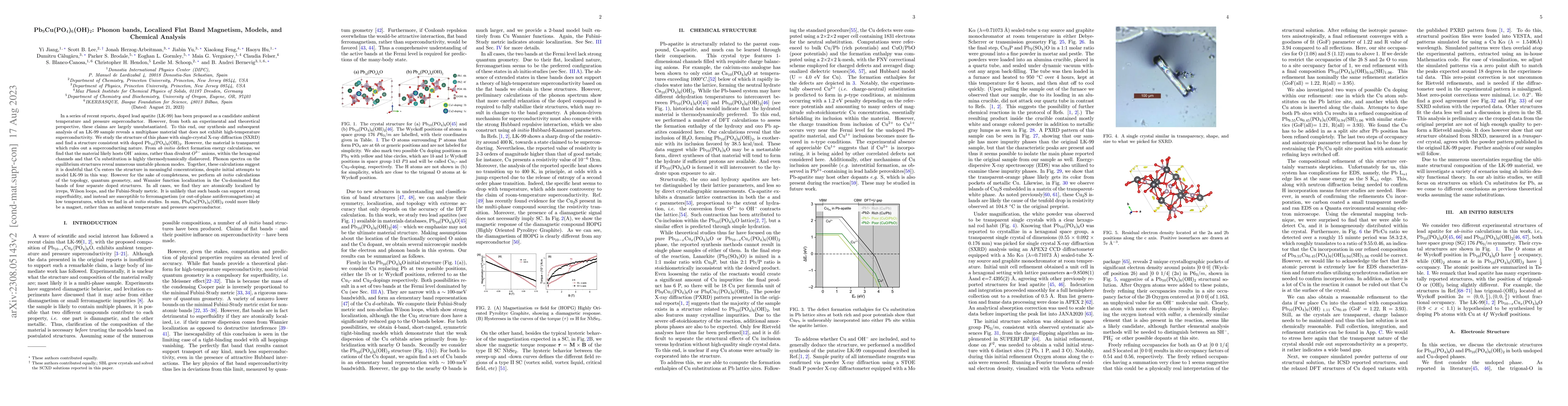 Thumbnail for Pb$_9$Cu(PO4)$_6$(OH)$_2$: Phonon bands, Localized Flat Band Magnetism,
  Models, and Chemical Analysis
