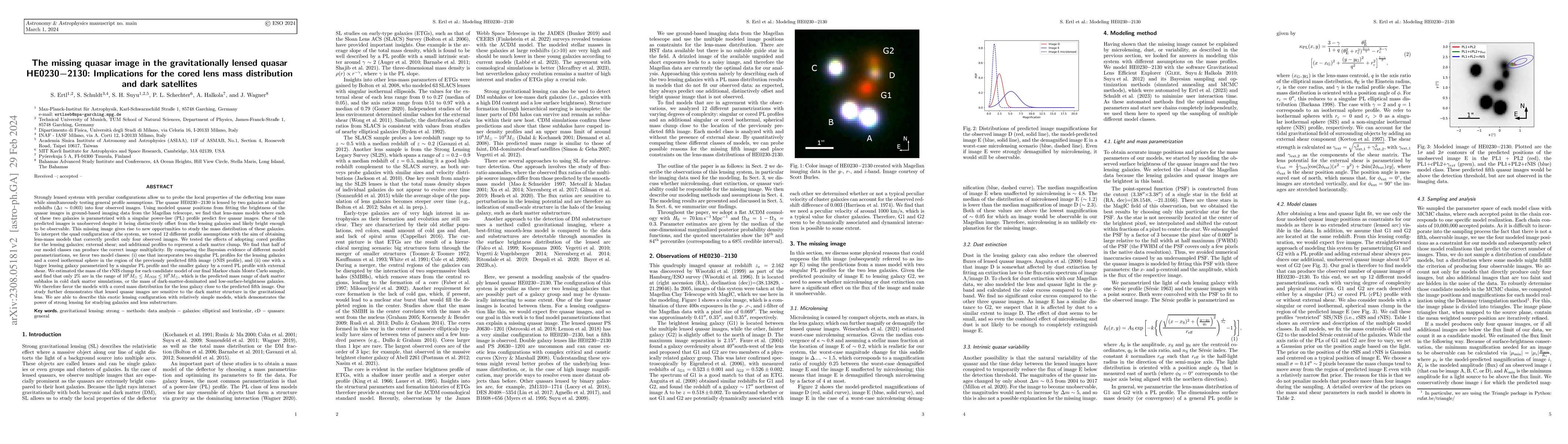 Thumbnail for The missing quasar image in the gravitationally lensed quasar
  HE0230$-$2130: Implications for the cored lens mass distribution and dark
  satellites