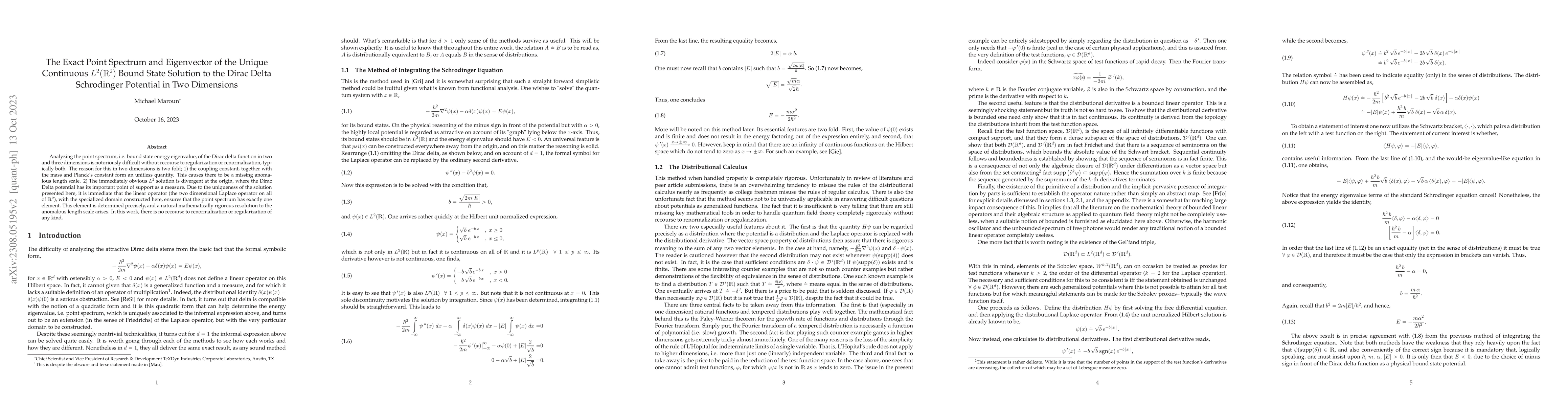 Thumbnail for The Exact Point Spectrum and Eigenvector of the Unique Continuous
  L$^2(\mathbb{R}^2)$ Bound State Solution to the Dirac Delta Schrodinger
  Potential in Two Dimensions