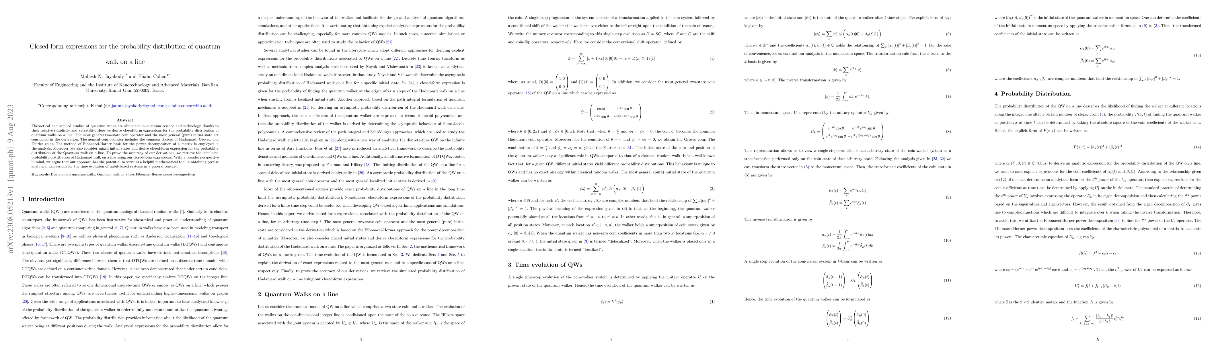 Thumbnail for Closed-form expressions for the probability distribution of quantum walk
  on a line