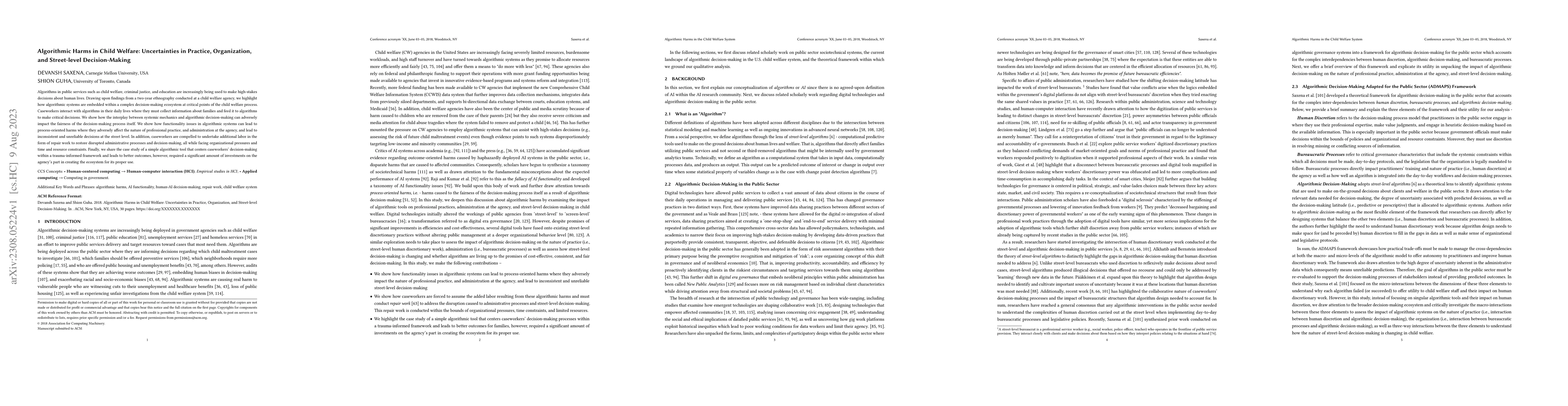 Thumbnail for Algorithmic Harms in Child Welfare: Uncertainties in Practice,
  Organization, and Street-level Decision-Making