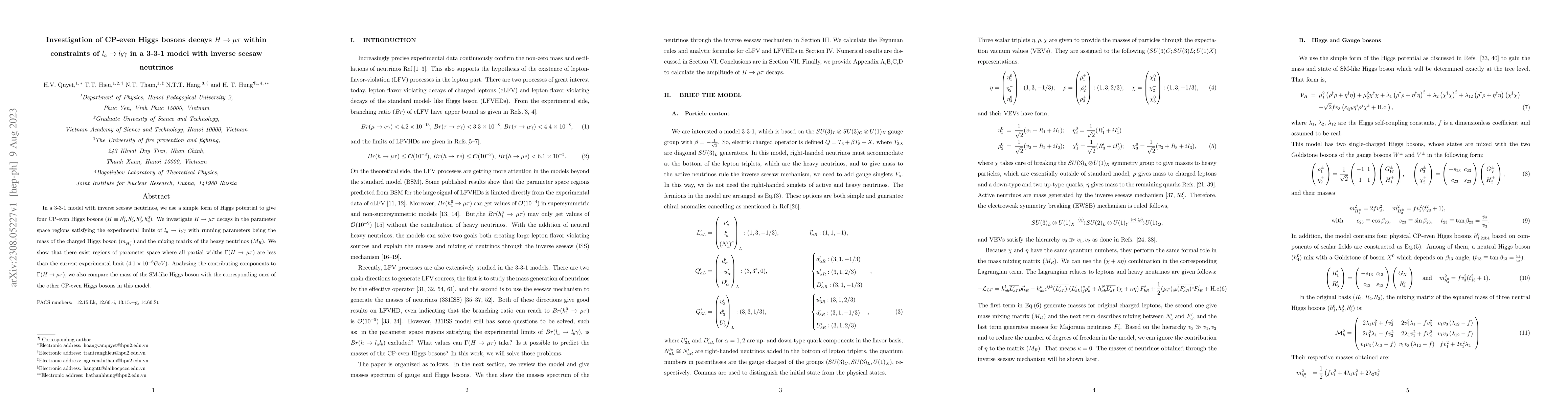 Thumbnail for Investigation of CP-even Higgs bosons decays $H \rightarrow \mu \tau$
  within constraints of $l_a \rightarrow l_b \gamma$ in a 3-3-1 model with
  inverse seesaw neutrinos