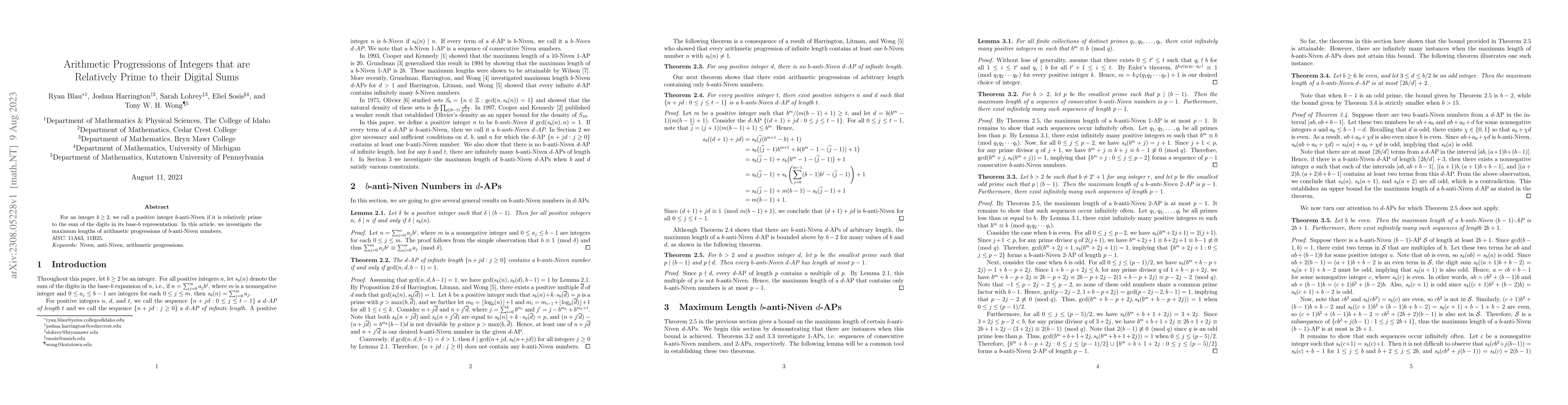Thumbnail for Arithmetic progressions of integers that are relatively prime to their
  digital sums