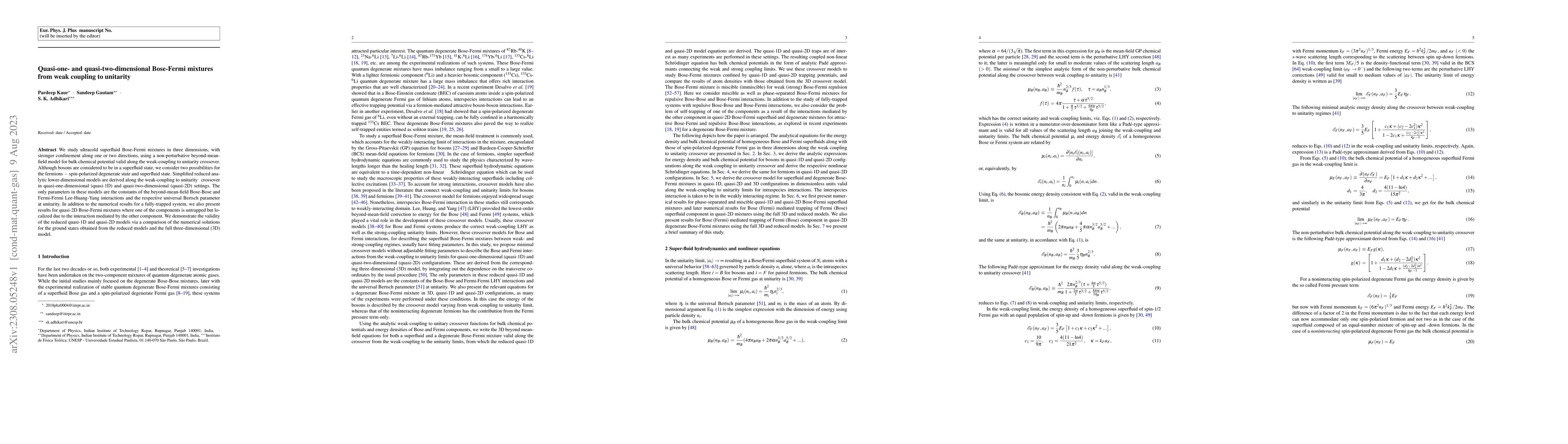 Thumbnail for Quasi-one- and quasi-two-dimensional Bose-Fermi mixtures from weak
  coupling to unitarity