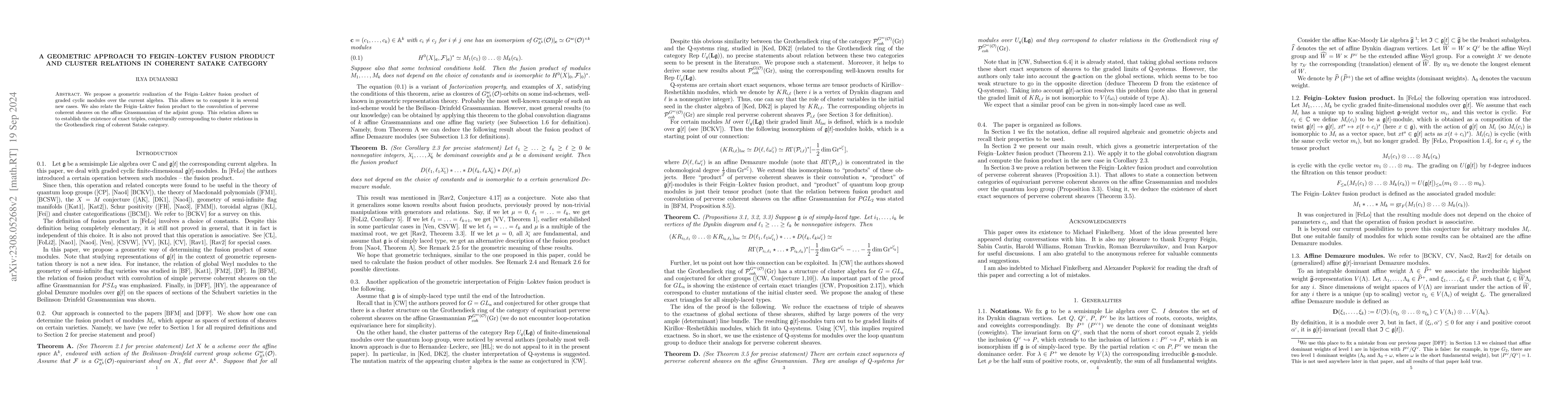 Thumbnail for A geometric approach to Feigin-Loktev fusion product and cluster
  relations in coherent Satake category