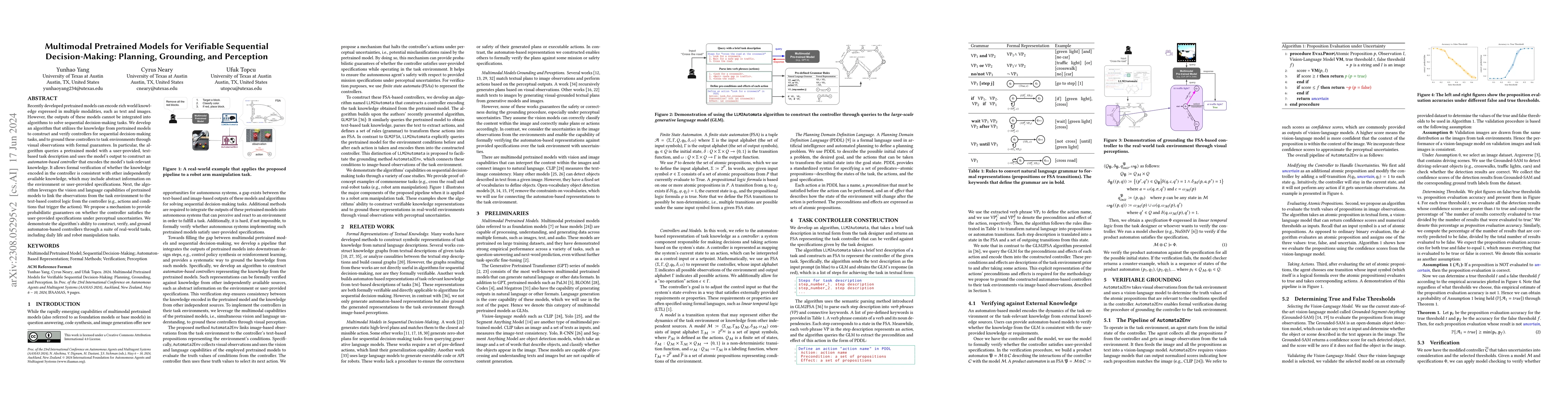 Thumbnail for Multimodal Pretrained Models for Verifiable Sequential Decision-Making:
  Planning, Grounding, and Perception
