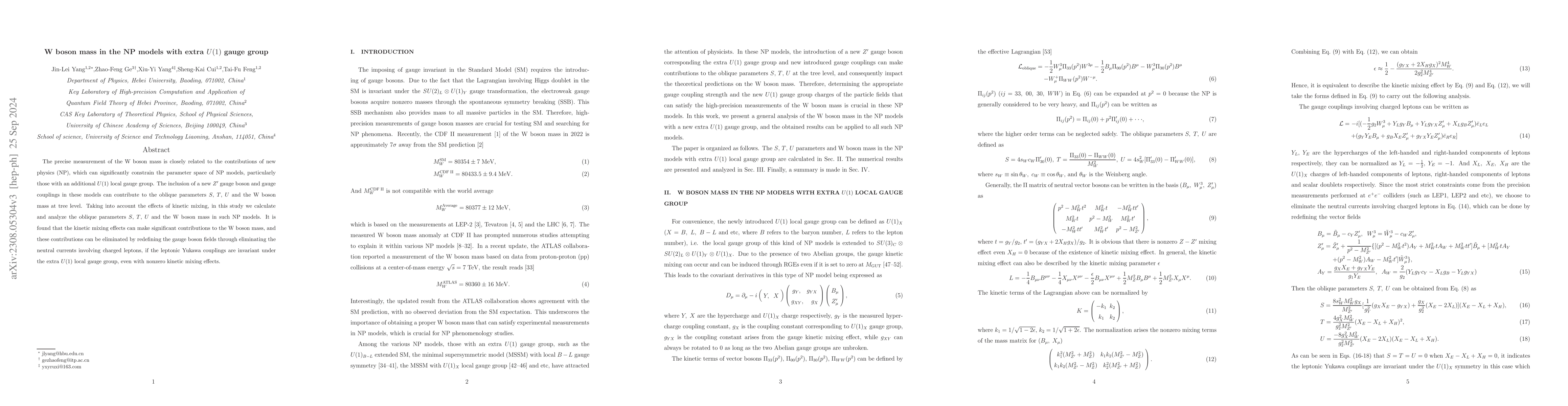 Thumbnail for W boson mass in the NP models with extra $U(1)$ gauge group