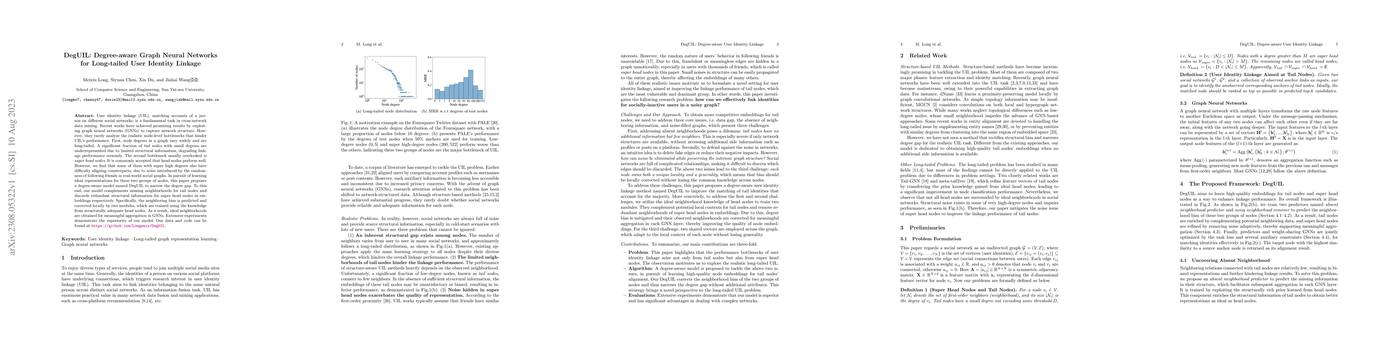 Thumbnail for DegUIL: Degree-aware Graph Neural Networks for Long-tailed User Identity
  Linkage