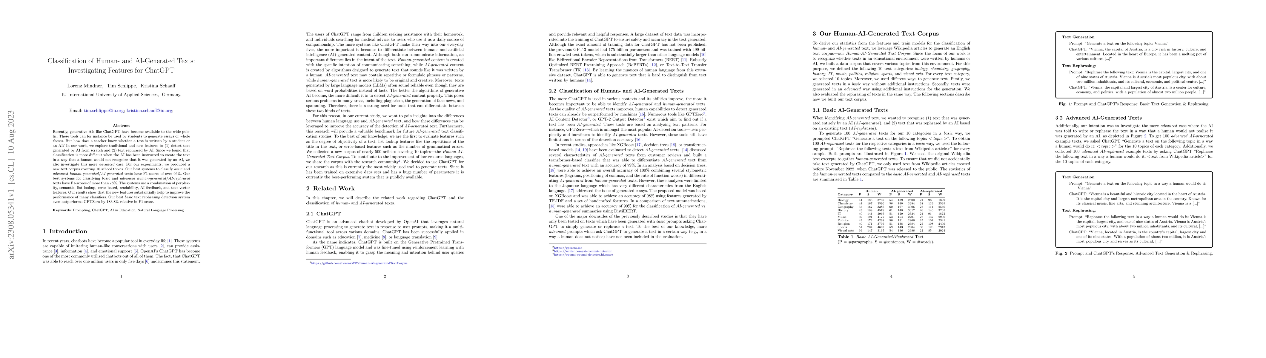 Thumbnail for Classification of Human- and AI-Generated Texts: Investigating Features
  for ChatGPT