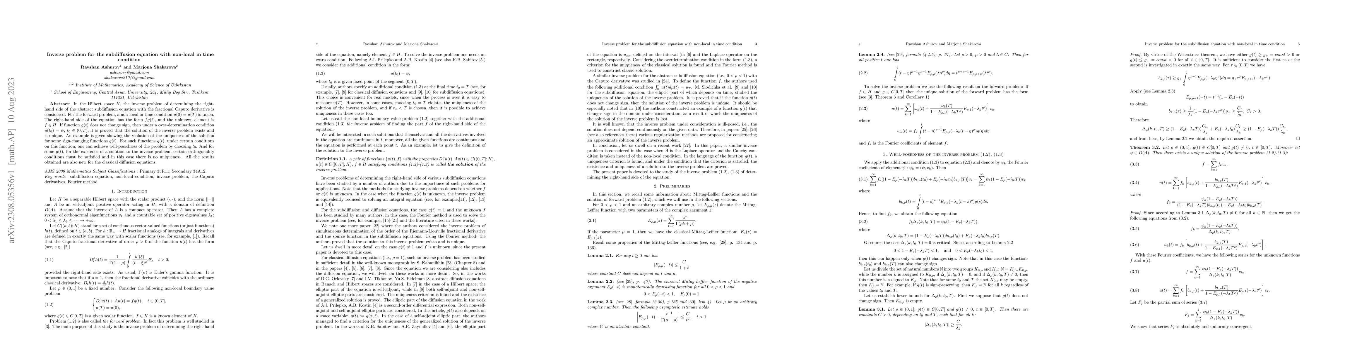Thumbnail for Inverse problem for the subdiffusion equation with non-local in time
  condition