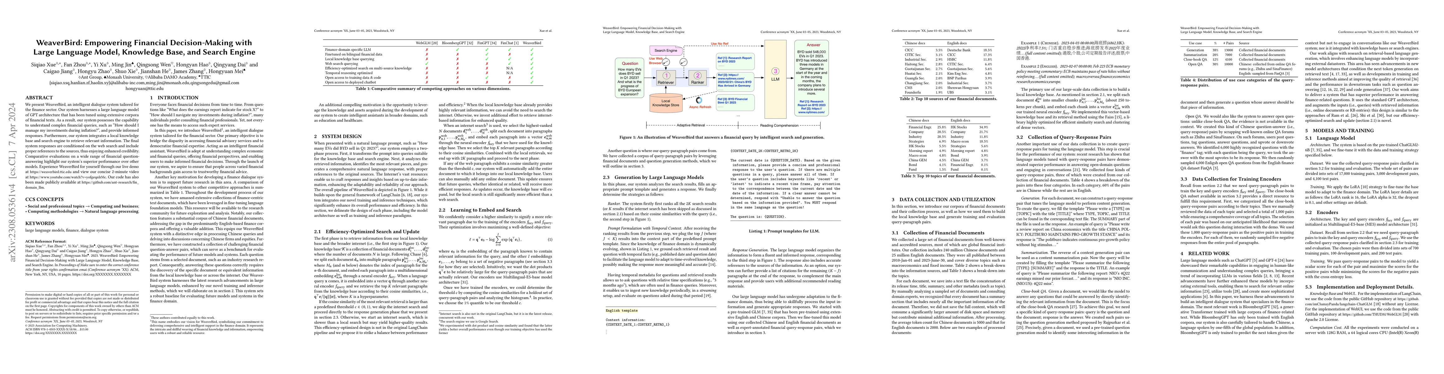 Thumbnail for WeaverBird: Empowering Financial Decision-Making with Large Language
  Model, Knowledge Base, and Search Engine