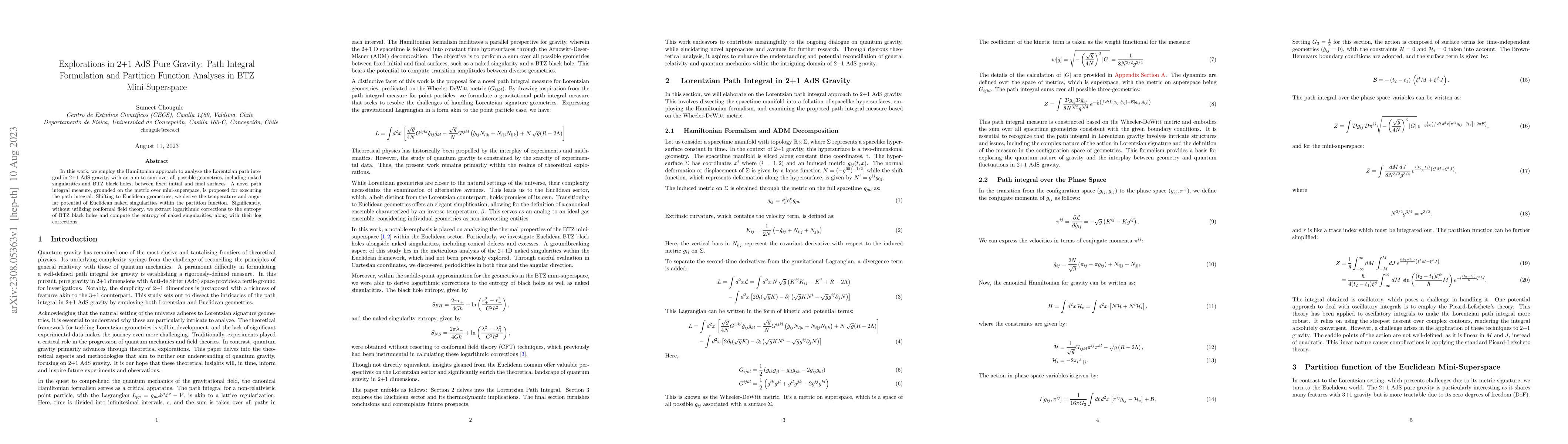 Thumbnail for Explorations in 2+1 AdS Pure Gravity: Path Integral Formulation and
  Partition Function Analyses in BTZ Mini-Superspace