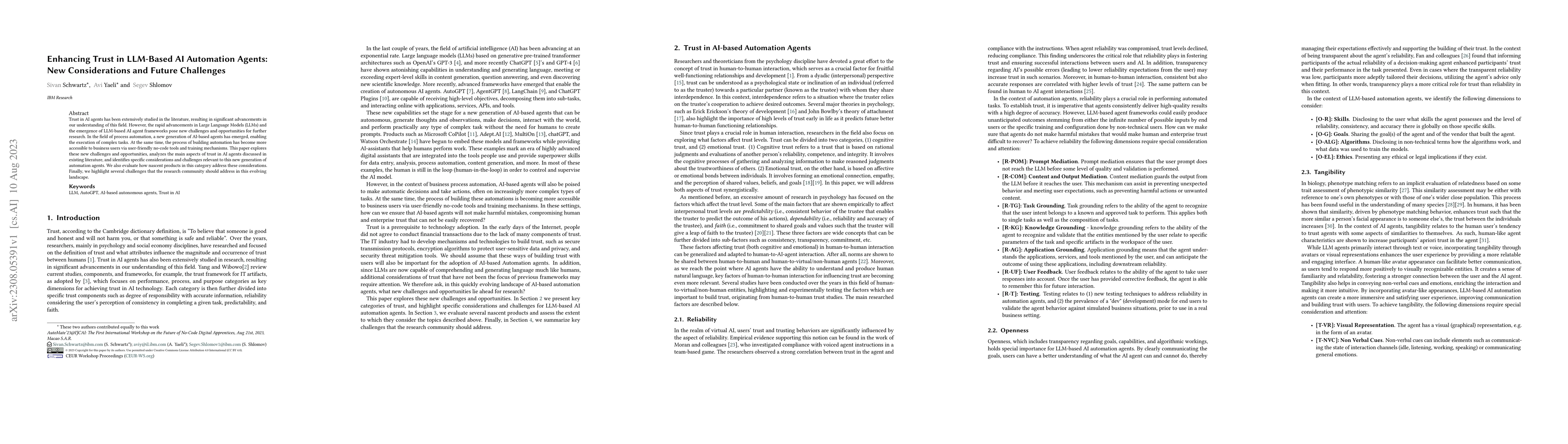 Thumbnail for Enhancing Trust in LLM-Based AI Automation Agents: New Considerations
  and Future Challenges