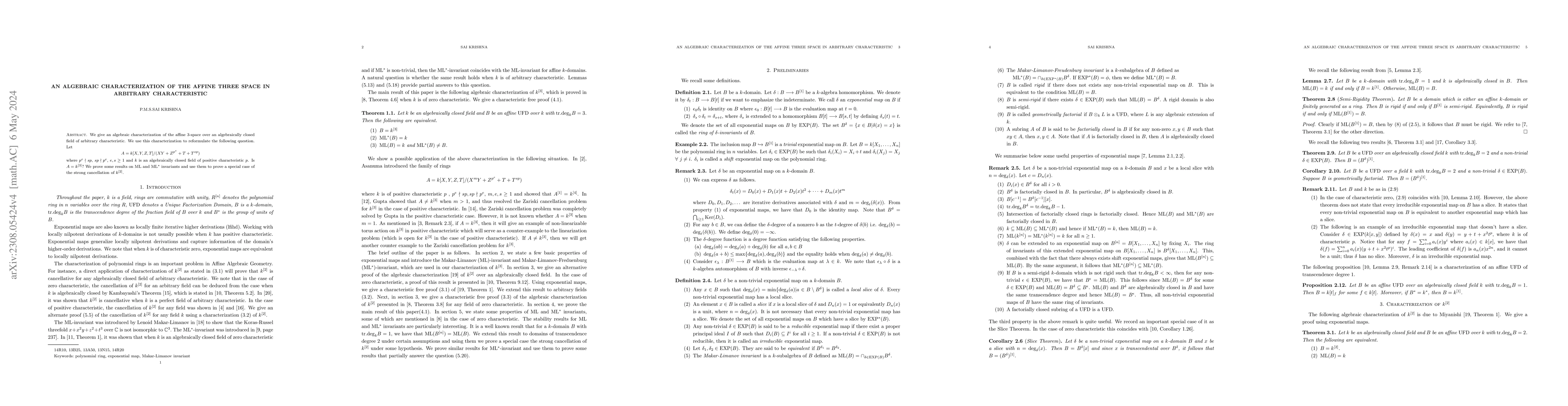 Thumbnail for An Algebraic characterization of the affine three space in arbitrary
  characteristic