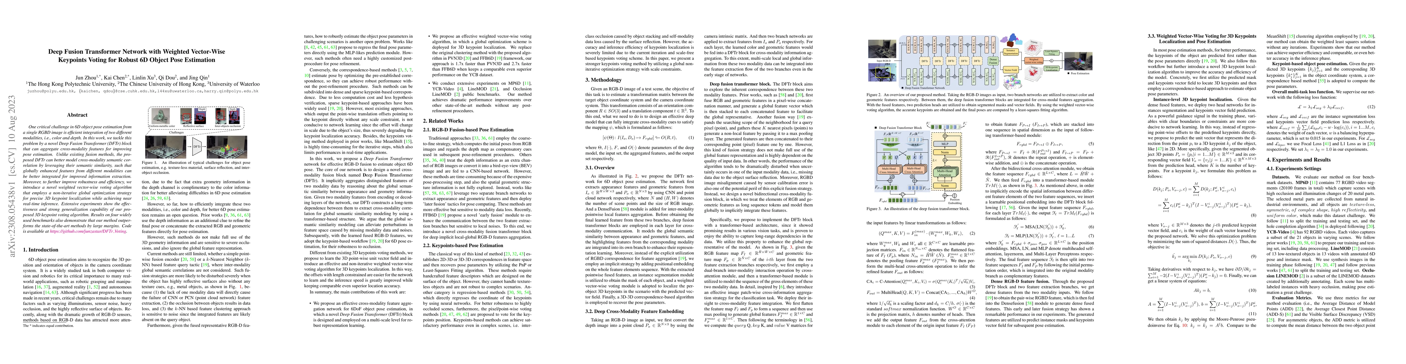 Thumbnail for Deep Fusion Transformer Network with Weighted Vector-Wise Keypoints
  Voting for Robust 6D Object Pose Estimation