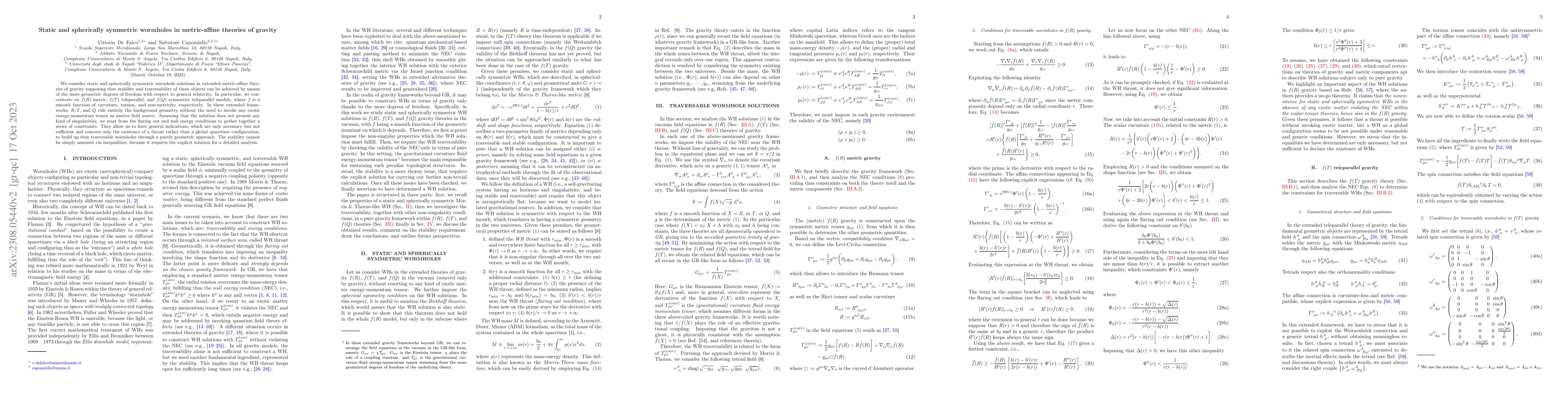 Thumbnail for Static and spherically symmetric wormholes in metric-affine theories of
  gravity
