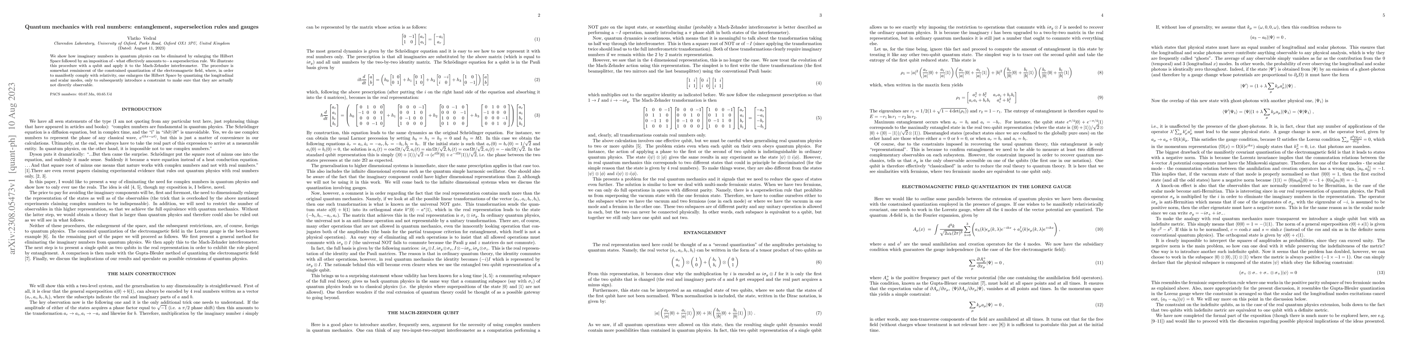 Thumbnail for Quantum mechanics with real numbers: entanglement, superselection rules
  and gauges