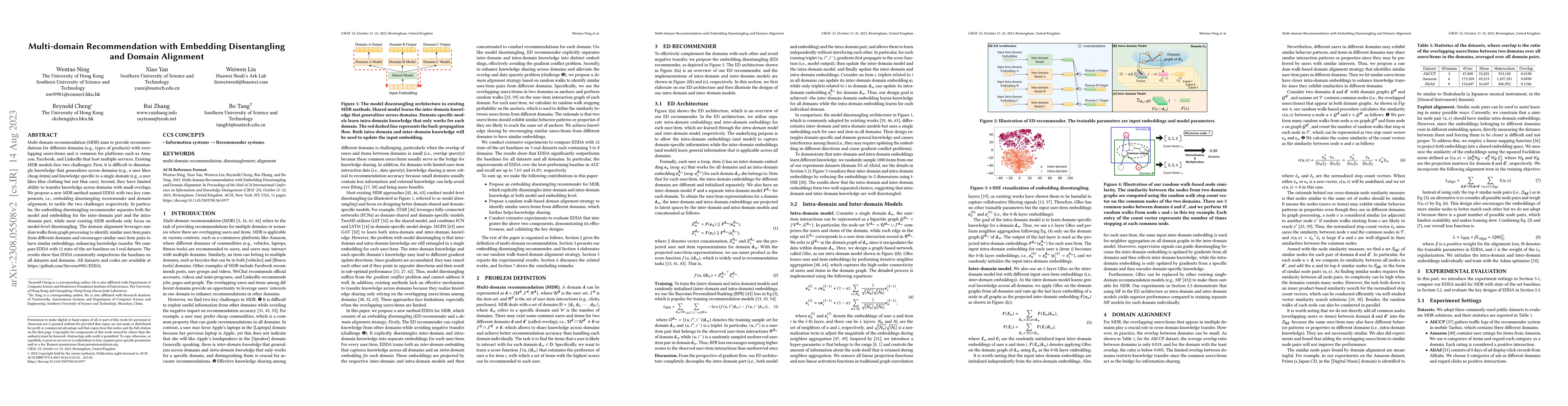 Thumbnail for Multi-domain Recommendation with Embedding Disentangling and Domain
  Alignment